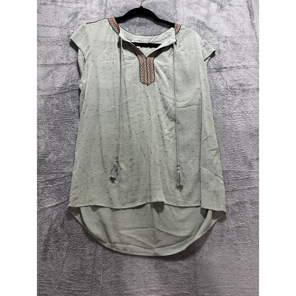 DR2 Womens M Sage Green Clip Dot Tassel Tie Boho Blouse Top Casual Festival