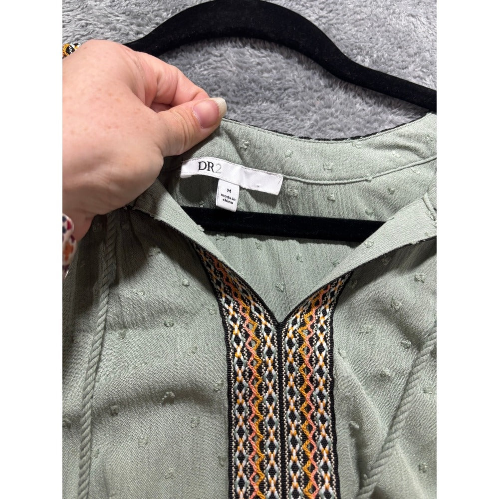 DR2 Womens M Sage Green Clip Dot Tassel Tie Boho Blouse Top Casual Festival