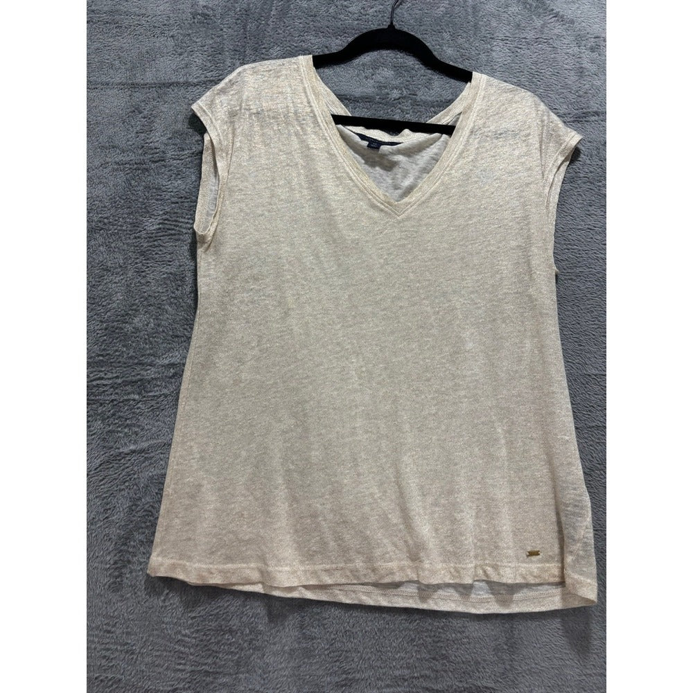 Tommy Hilfiger S/P Cream Gold Linen Sleeveless V-Neck Top Womens Coastal