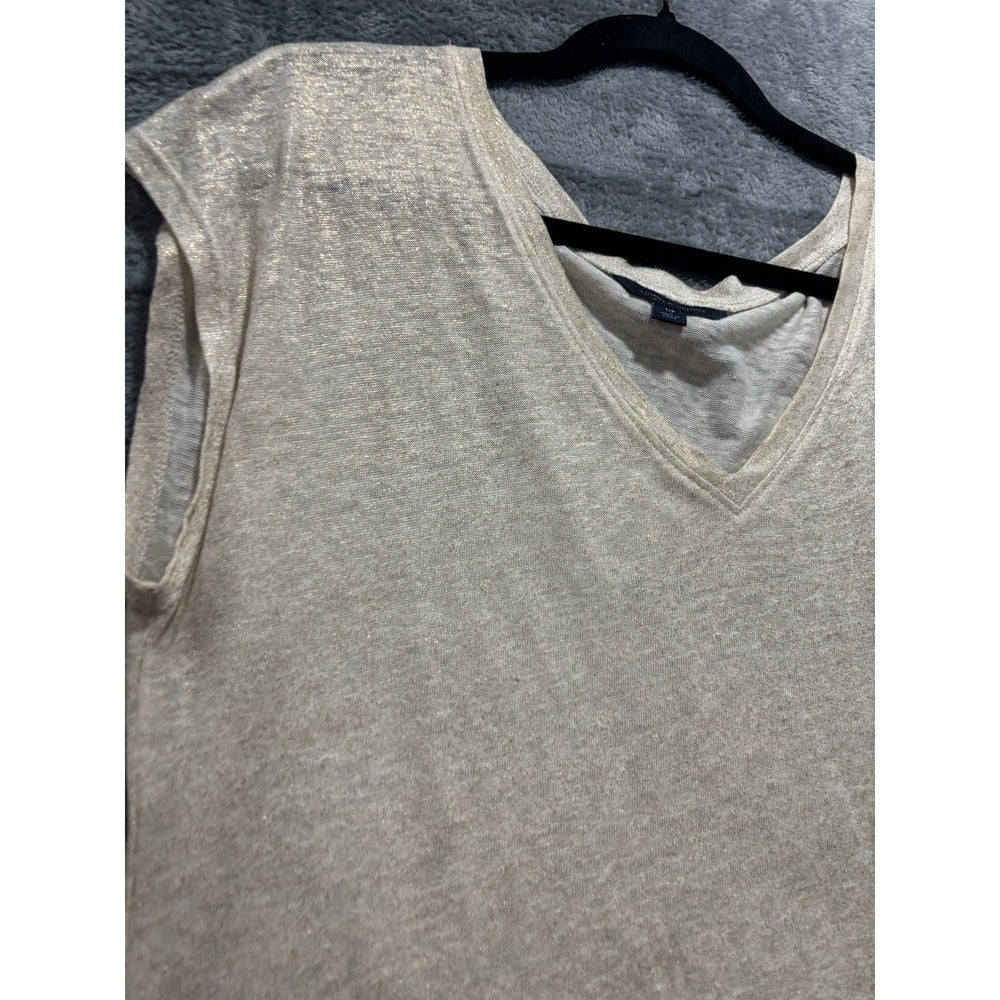 Tommy Hilfiger S/P Cream Gold Linen Sleeveless V-Neck Top Womens Coastal