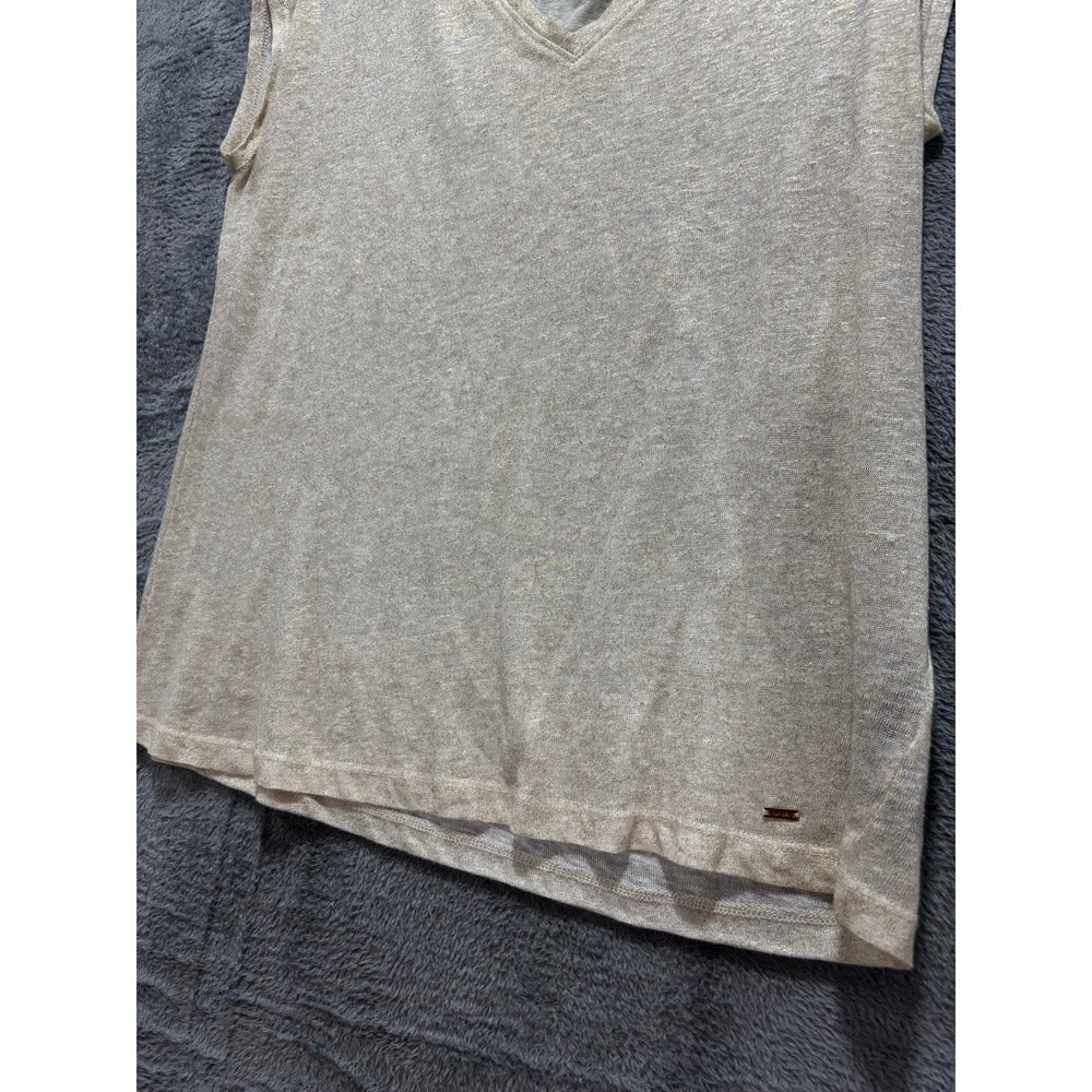 Tommy Hilfiger S/P Cream Gold Linen Sleeveless V-Neck Top Womens Coastal