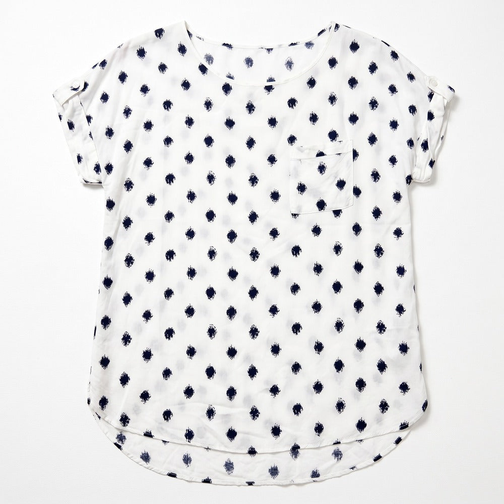 LOFT S White Navy Blue Ikat Short Sleeve Top Womens Boho Casual Blouse