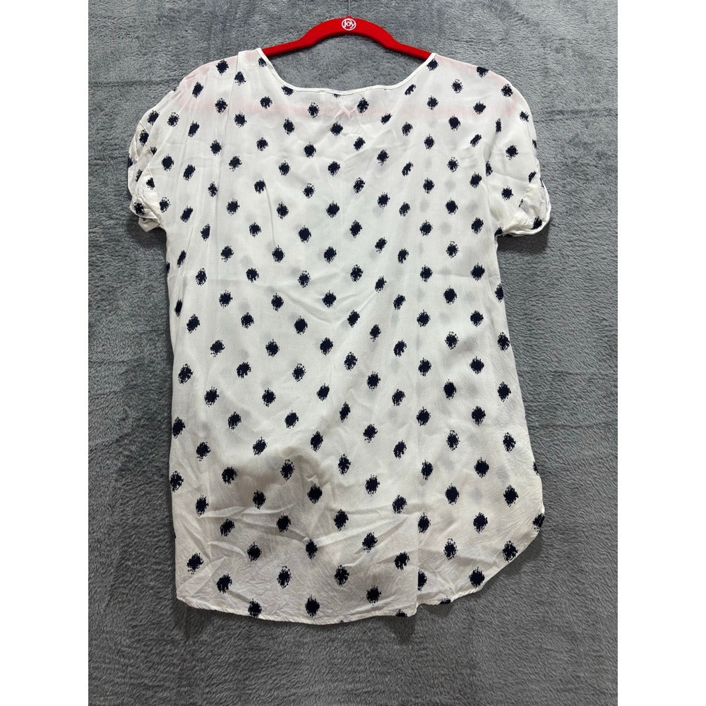 LOFT S White Navy Blue Ikat Short Sleeve Top Womens Boho Casual Blouse
