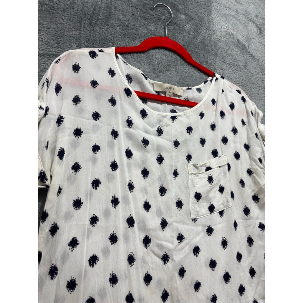 LOFT S White Navy Blue Ikat Short Sleeve Top Womens Boho Casual Blouse