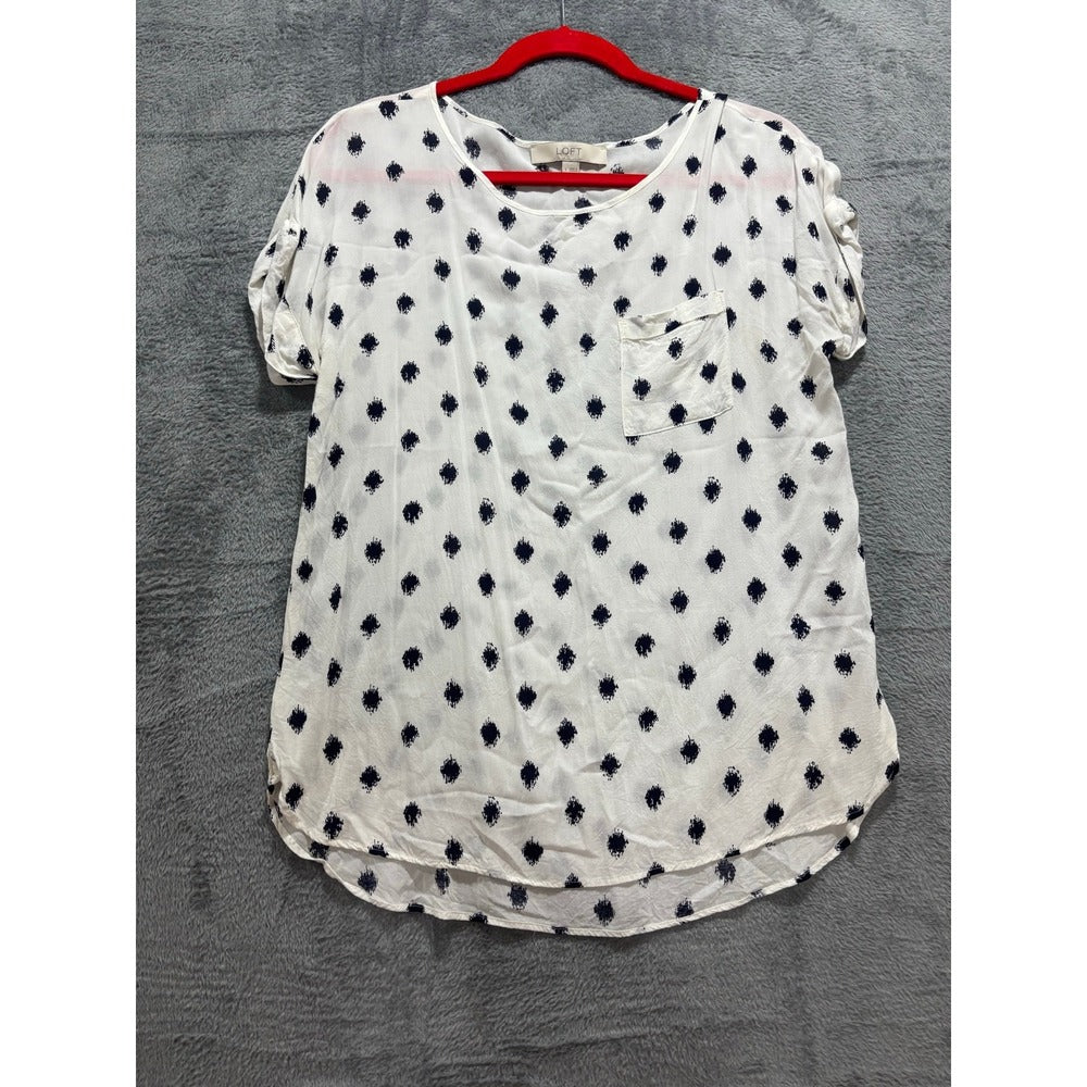 LOFT S White Navy Blue Ikat Short Sleeve Top Womens Boho Casual Blouse