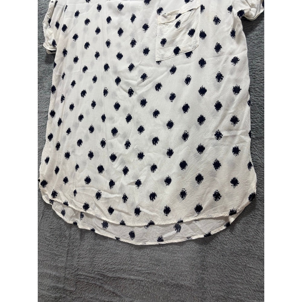 LOFT S White Navy Blue Ikat Short Sleeve Top Womens Boho Casual Blouse