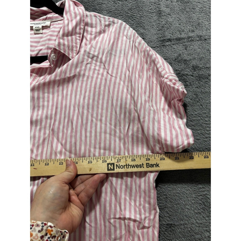 beachlunchlounge M Pink White Striped Shirt Womens Preppy Coastal Button Down
