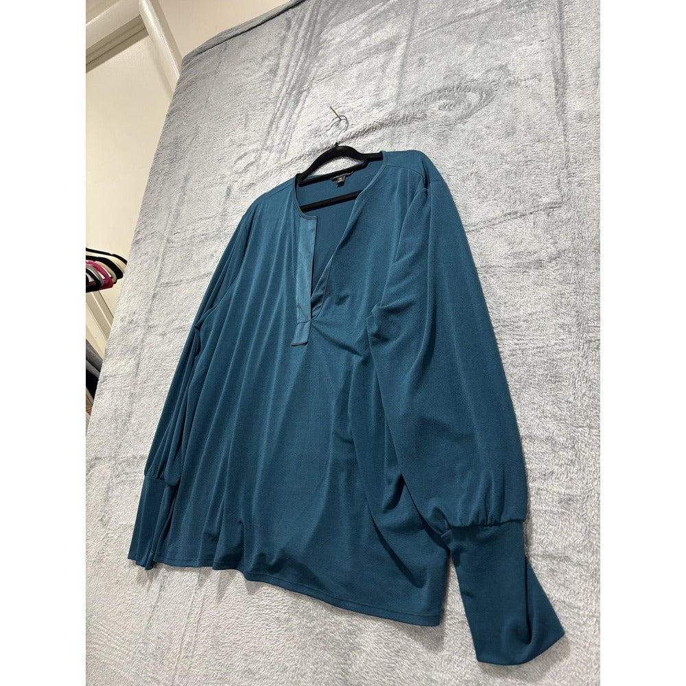 Banana Republic XL Teal Womens Split Neck Long Sleeve Blouse Casual Minimalist