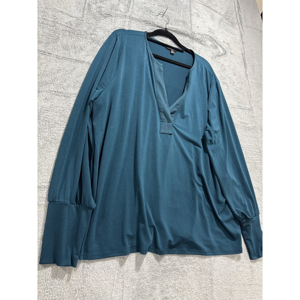 Banana Republic XL Teal Womens Split Neck Long Sleeve Blouse Casual Minimalist