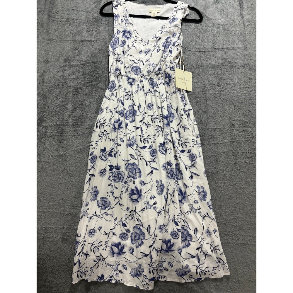 Cynthia Rowley 6 Womens White Blue Floral Midi Dress NWT Cottagecore Coastal