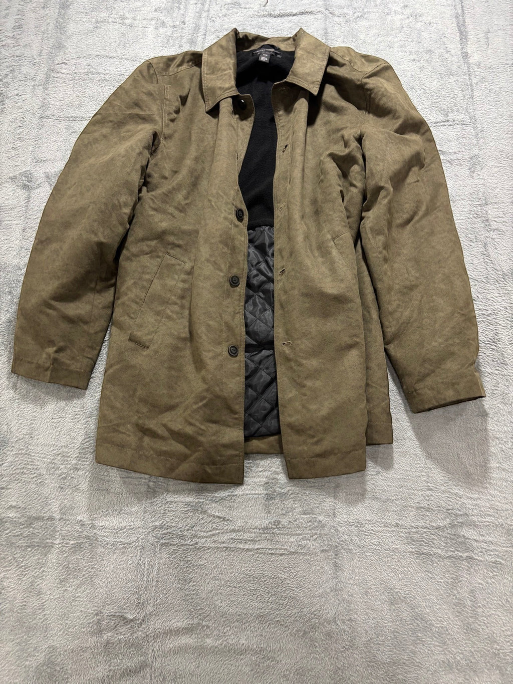 My Second Story Vintage & Black olive field jacket with a black fleece collar and quilted lining, size M.