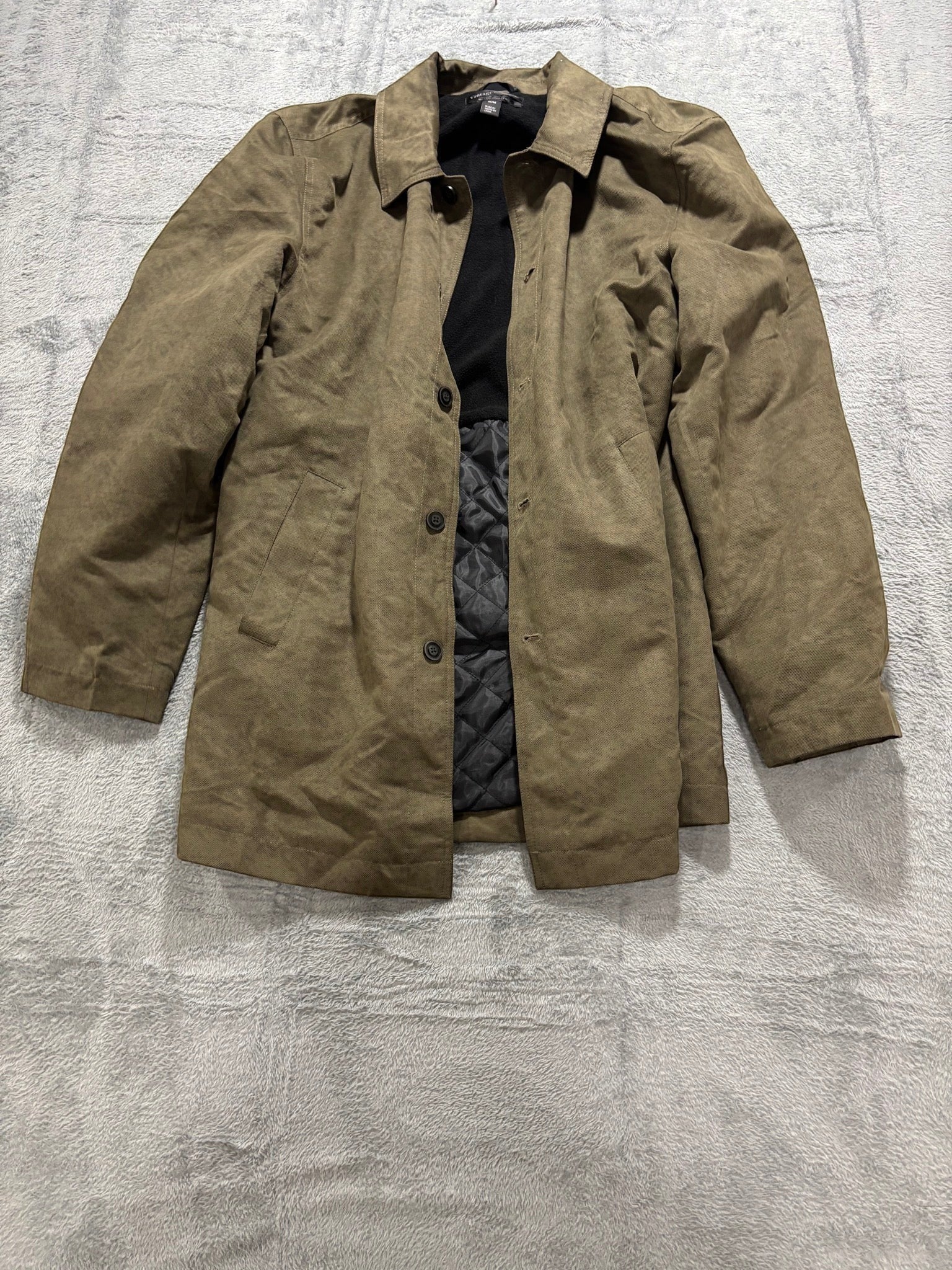 My Second Story Vintage & Black olive field jacket with a black fleece collar and quilted lining, size M.