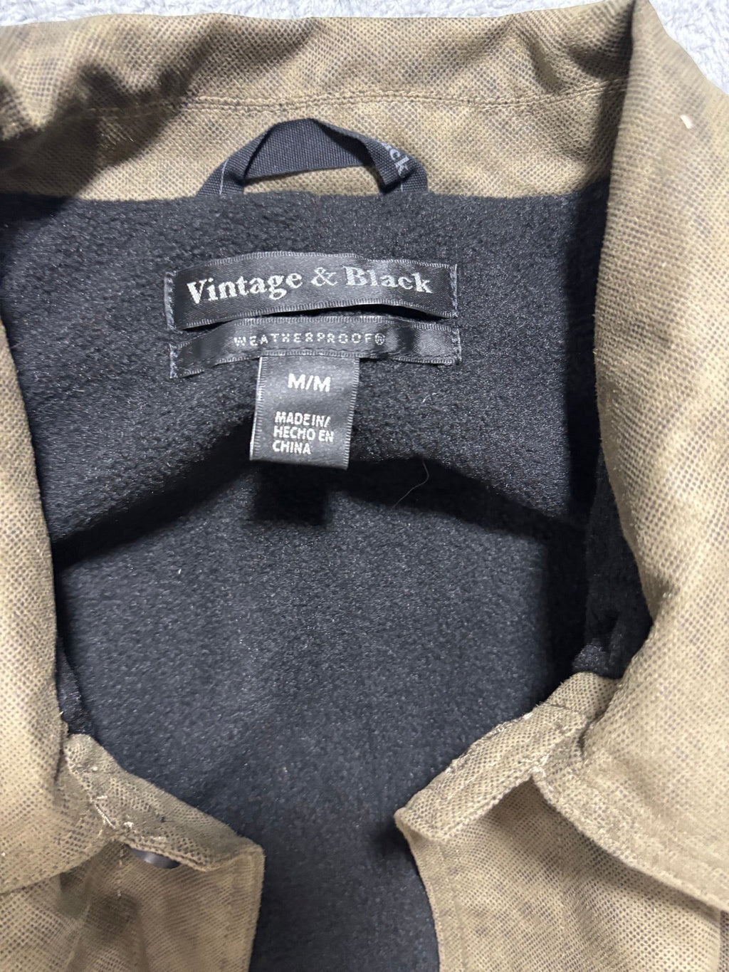 My Second Story Vintage & Black olive field jacket featuring a black fleece collar and interior lining