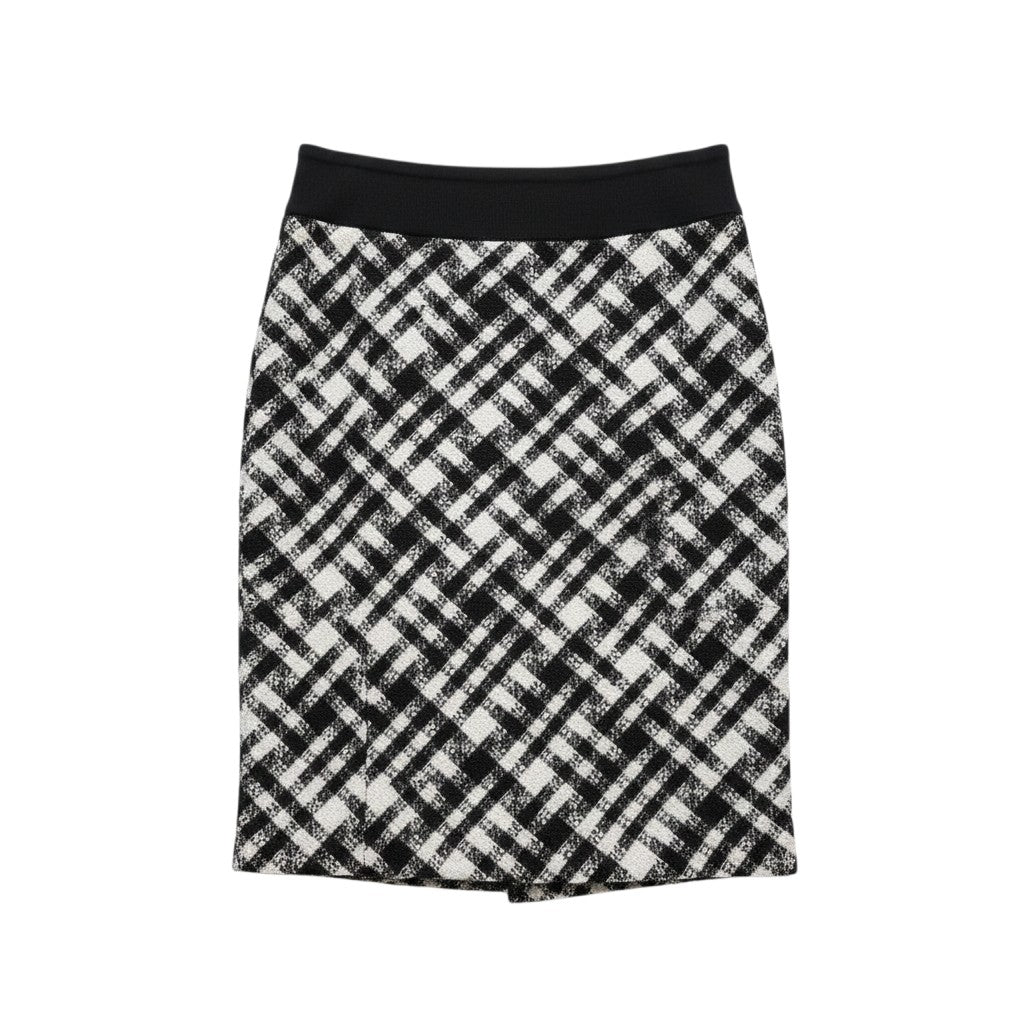 My Second Story White House Black Market black and white tweed pencil skirt in a wool blend with a solid waistband.