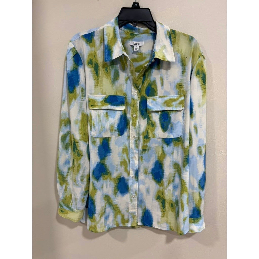 Bar III Tie Dye Button Down Blue Green Career Top XXL Abstract Art Modern