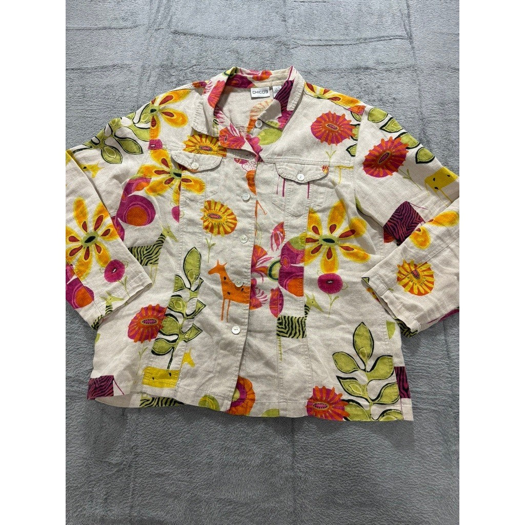 Chicos Linen Jacket Womens Small Floral Print Button Front Lightweight Top