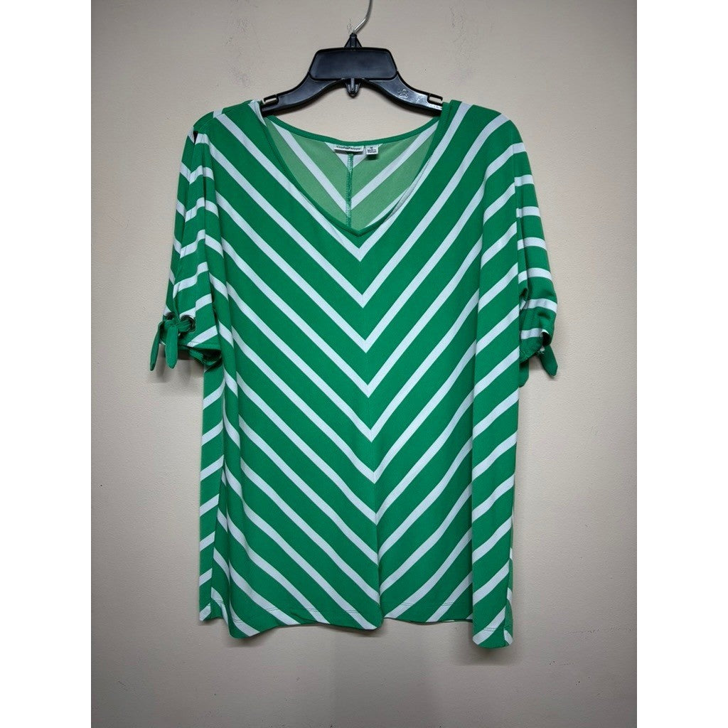 Croft & Barrow Green Chevron Stripe Top Womens Medium V-Neck Tie Sleeve Office