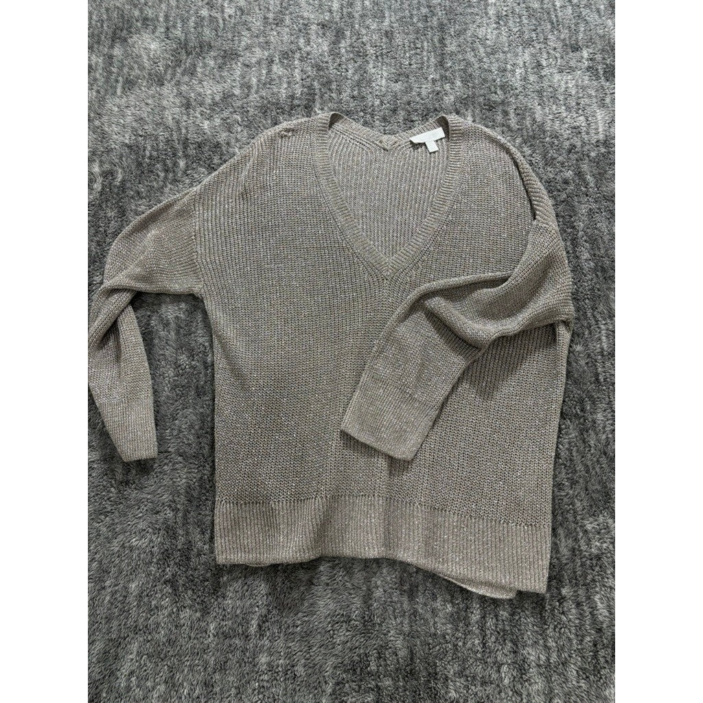 White House Black Market Linen Blend V Neck Sweater Womens 14 Metallic Knit