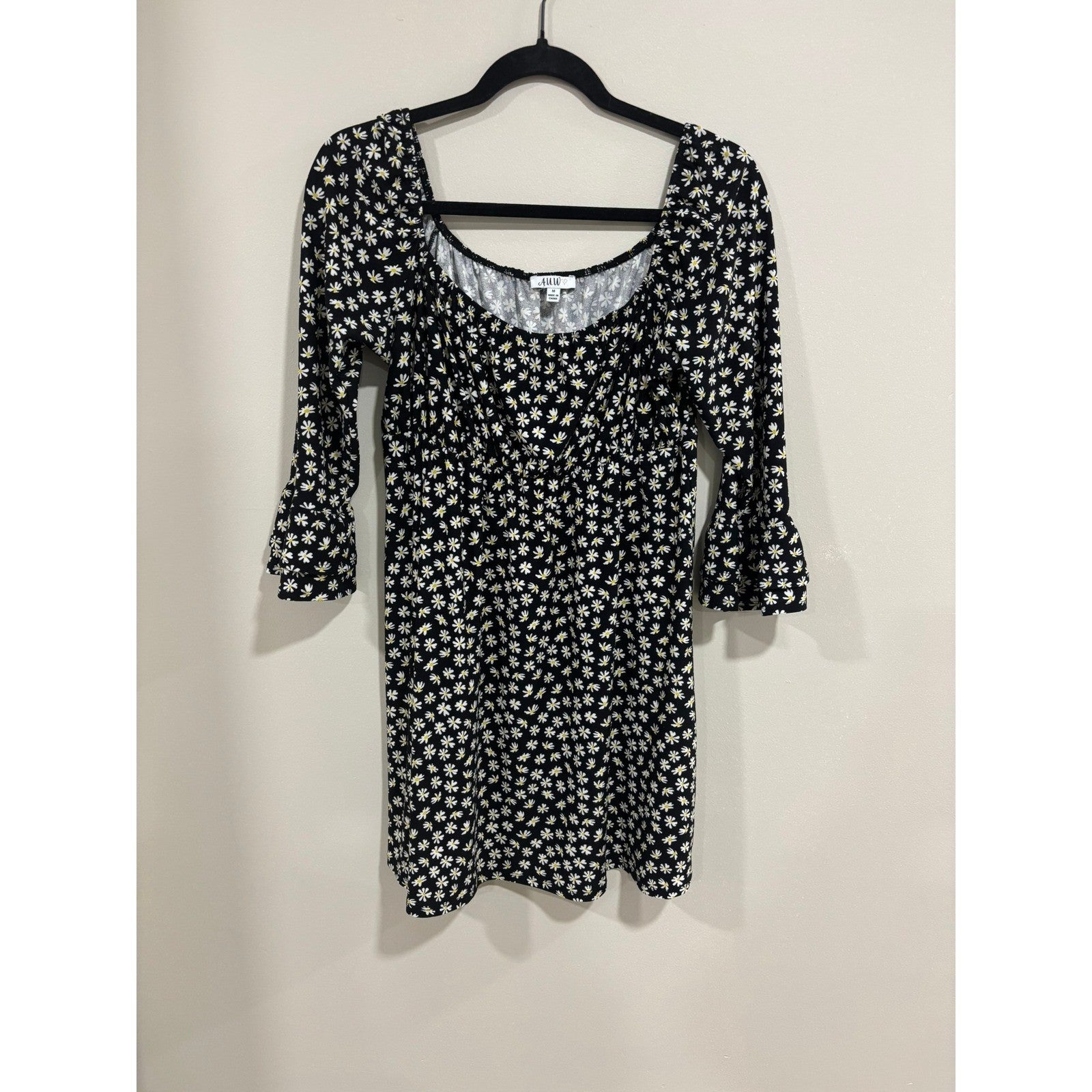 AUW Daisy Print Mini Dress M Black Floral Cottagecore Square Neck Boho y2k