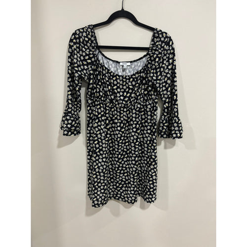 AUW Daisy Print Mini Dress M Black Floral Cottagecore Square Neck Boho y2k