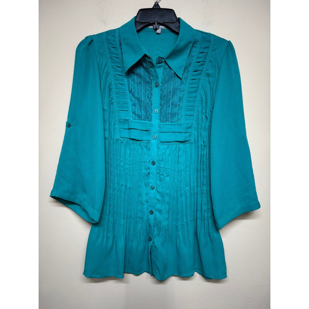NY Collection Womens M Teal Lace Trim Button Front Blouse 3/4 Sleeve Workwear