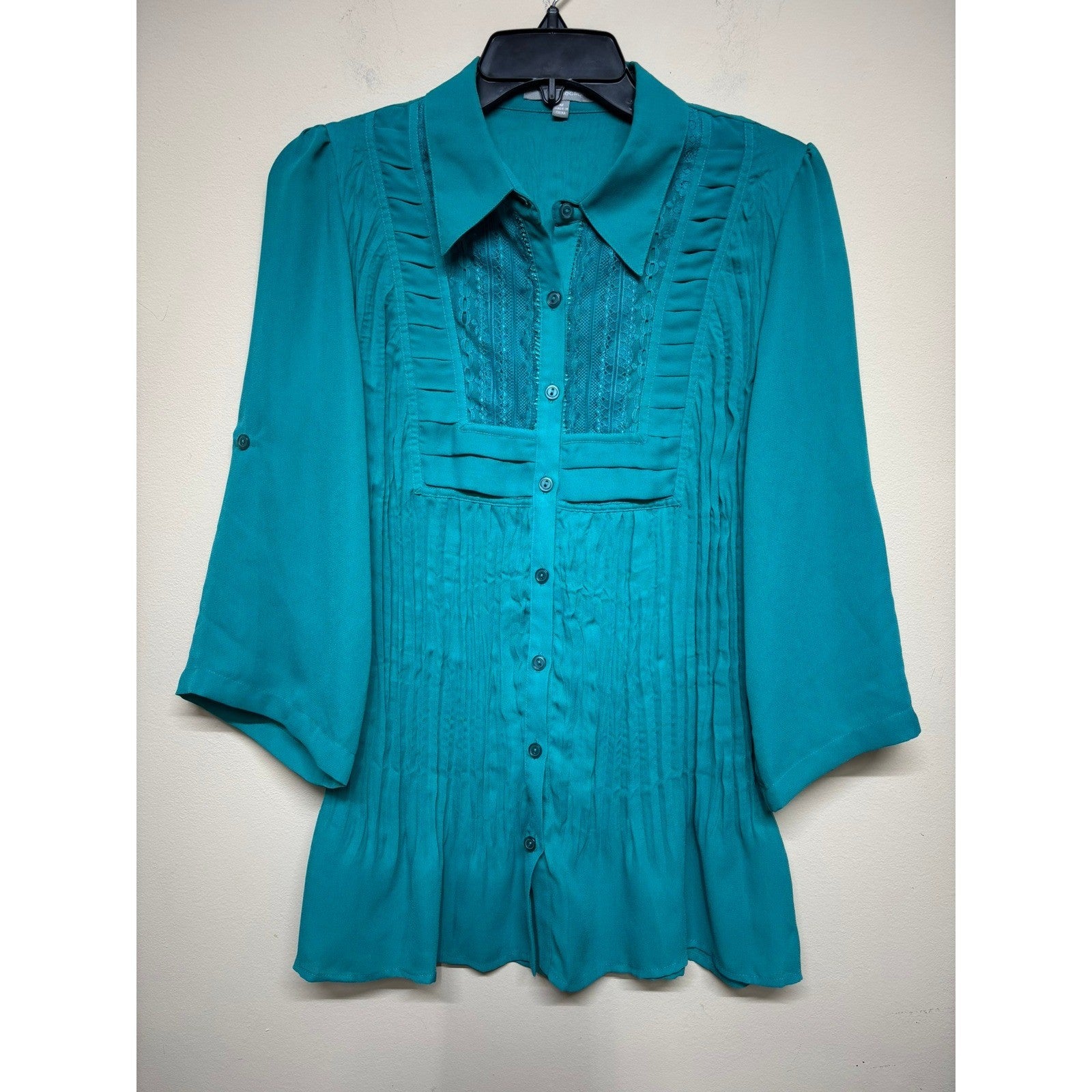 NY Collection Womens M Teal Lace Trim Button Front Blouse 3/4 Sleeve Workwear