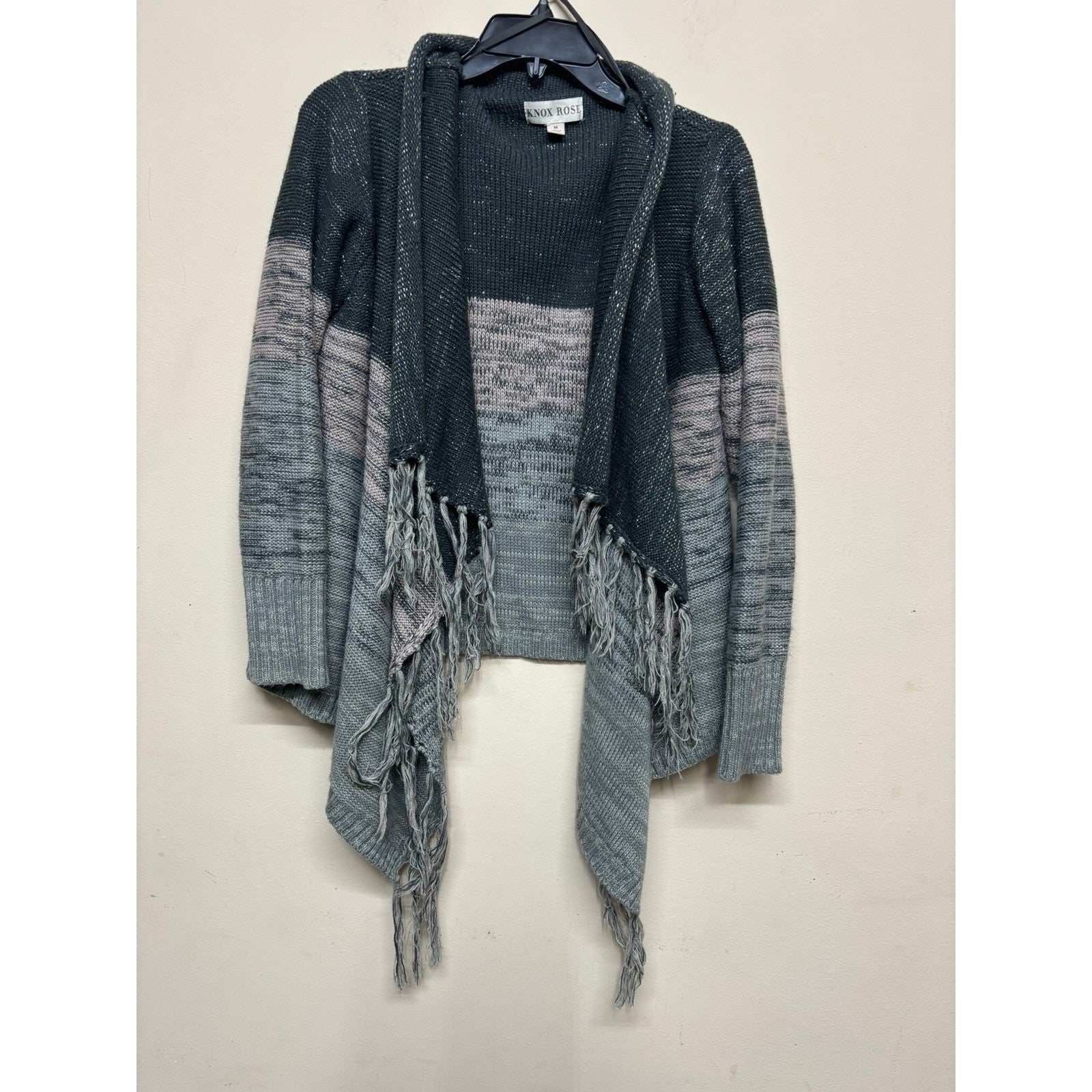 Knox Rose Gray Ombre Fringe Cardigan Size M Open Front Knit Sweater