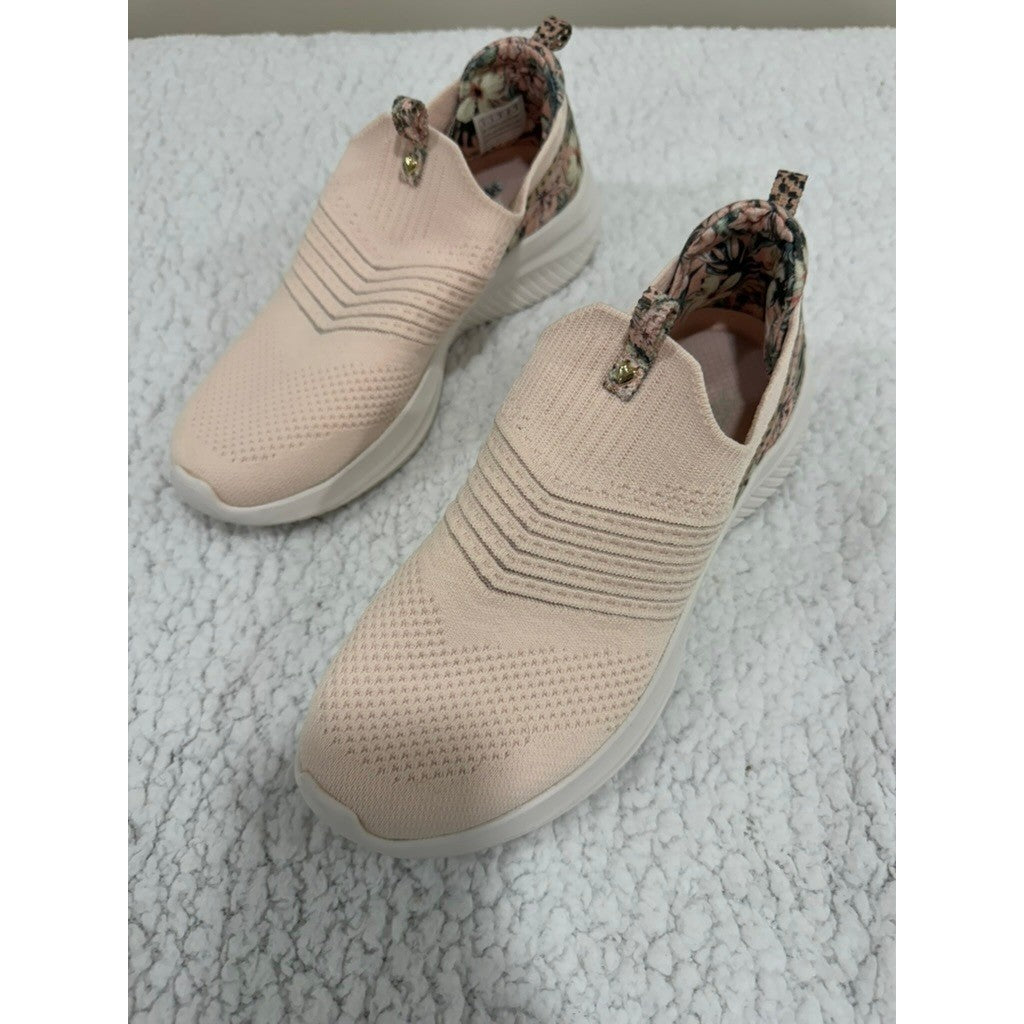 Skechers Stretch Fit Floral Leopard Slip On Sneakers Womens 9 Peach Memory Foam