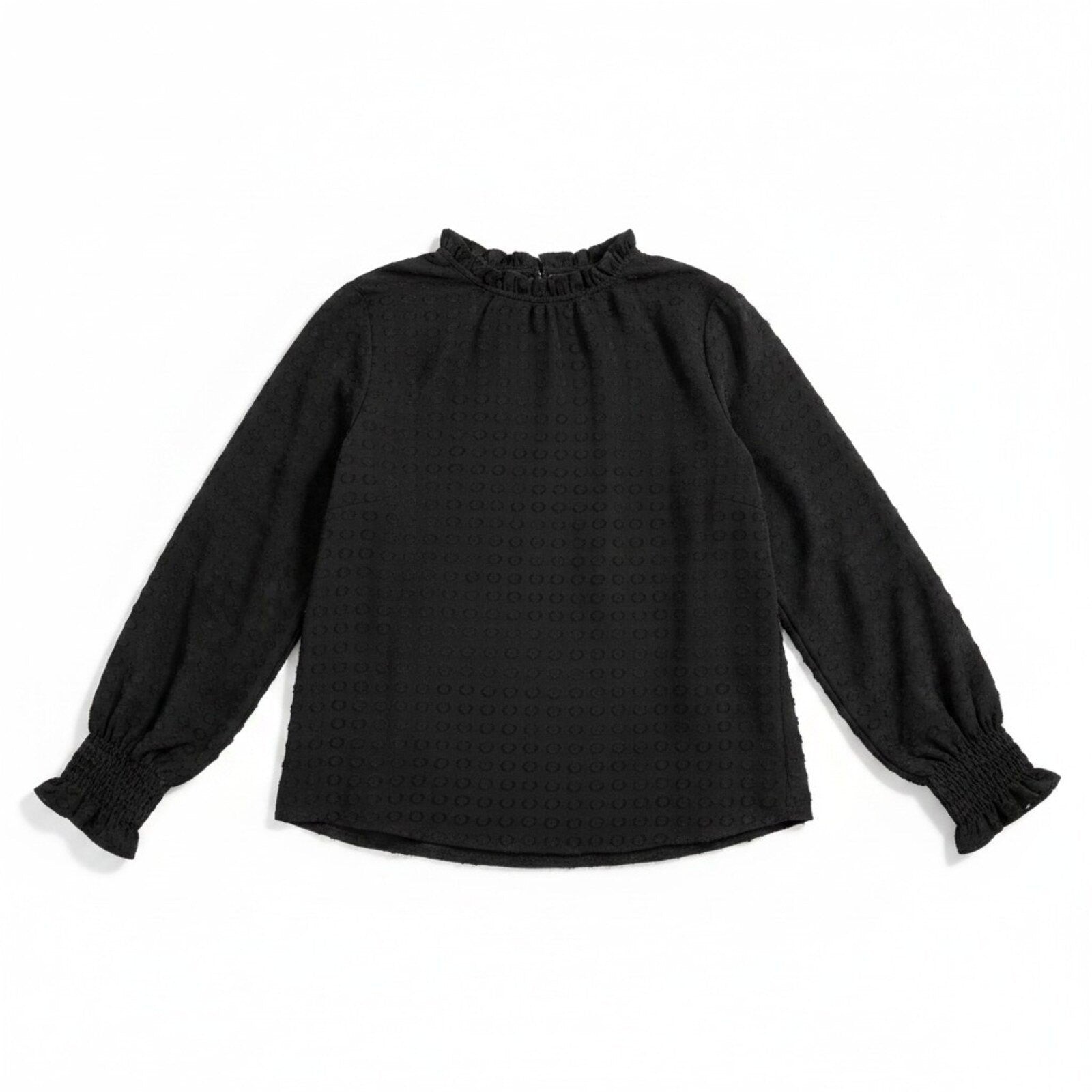 Adrianna Papell Women L Black Swiss Dot Blouse Mock Neck Long Sleeve Boho Casual