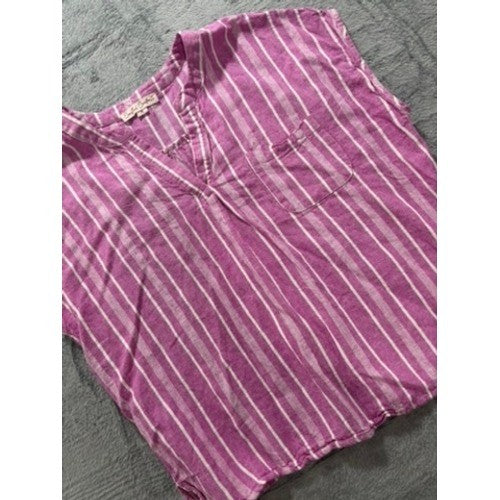 Coastal Comfort Blouse Womens XL Pink Striped Linen Blend Beachy Casual