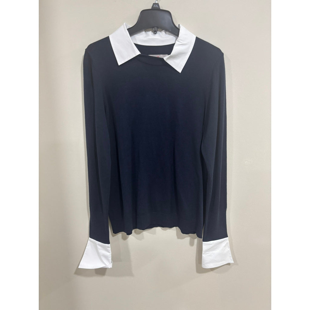 Laurie Felt Los Angeles Knit Sweater Womens M Navy White Collar Cuff Top