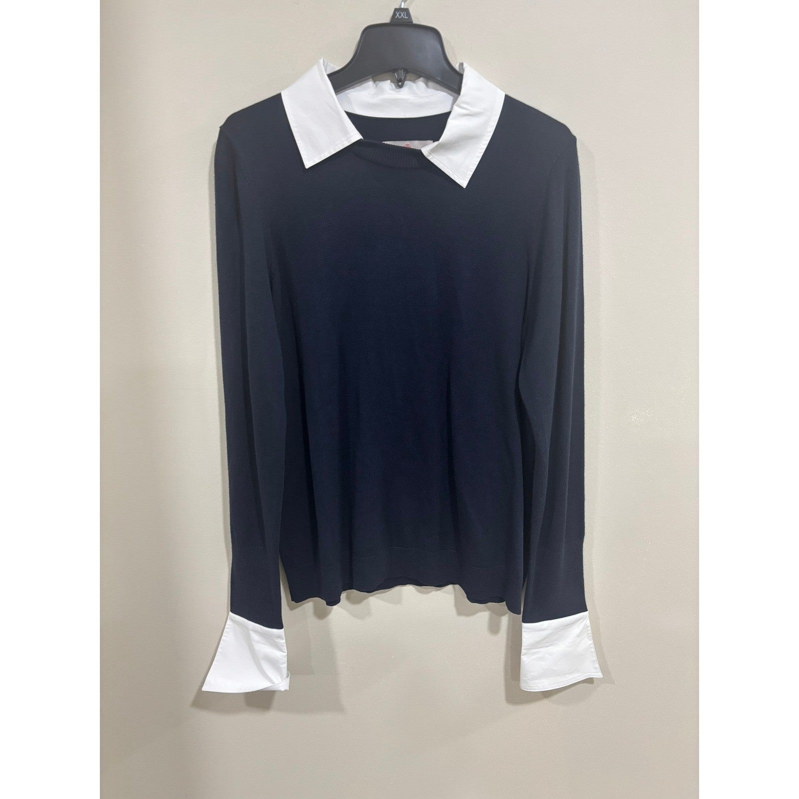 Laurie Felt Los Angeles Knit Sweater Womens M Navy White Collar Cuff Top