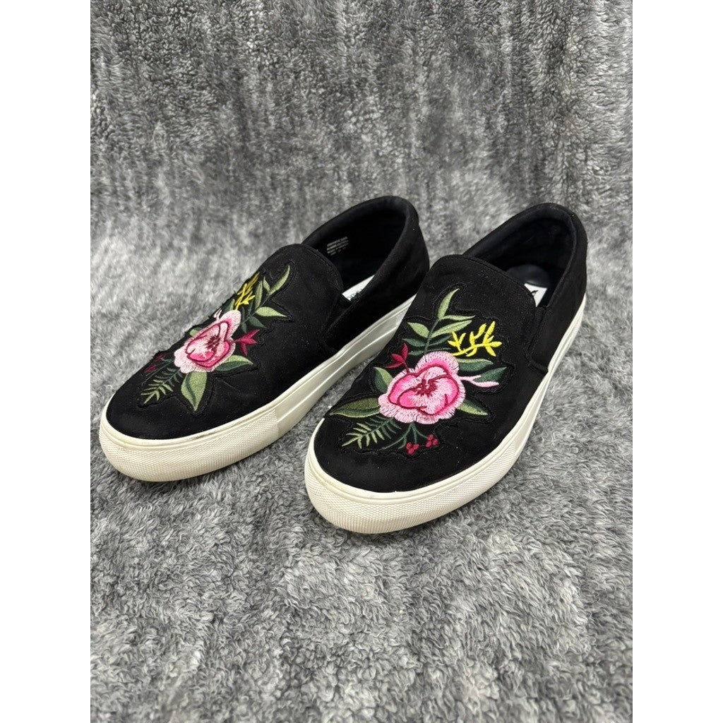 Steve Madden Garcie Black Floral Embroidered Slip On Sneakers Womens 8
