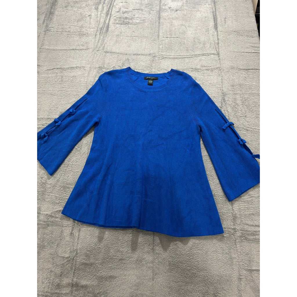 Faith & Zoe Sweater Womens Large Blue Knit Bow Sleeve Peplum Top Casual