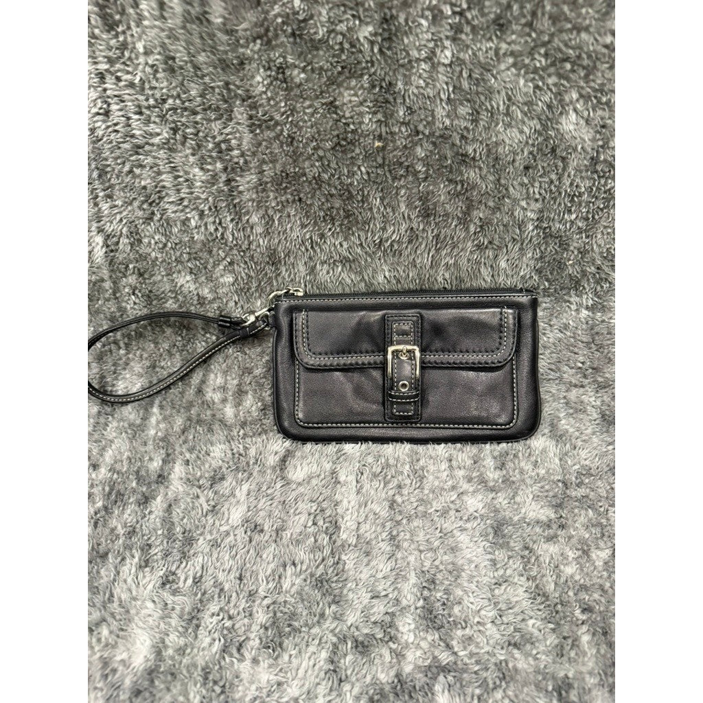 Black Leather Wristlet Clutch Mini Y2K Buckle Zip Pocket Shoulder Bag