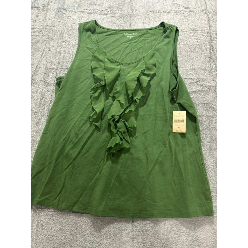 NWT Coldwater Creek Tank Top Womens XL Green Ruffle Front Casual Lightweight