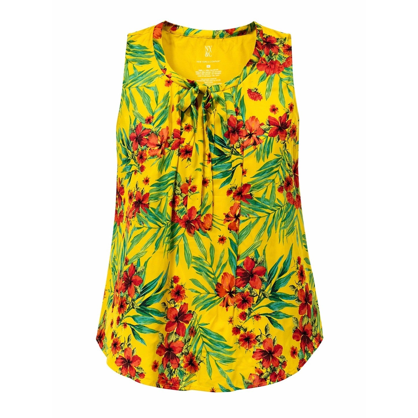 NY&Co Sleeveless Blouse Womens XL Yellow Floral Tropical Tie Neck Lined