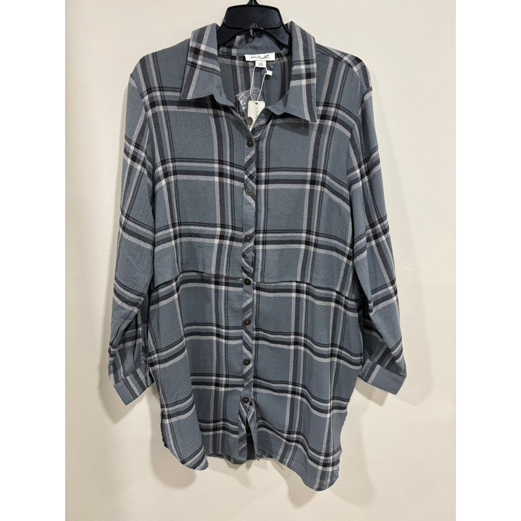 Simply Noelle Plaid Button Down Shirt L XL Gray Oversized Shacket Top Tunic