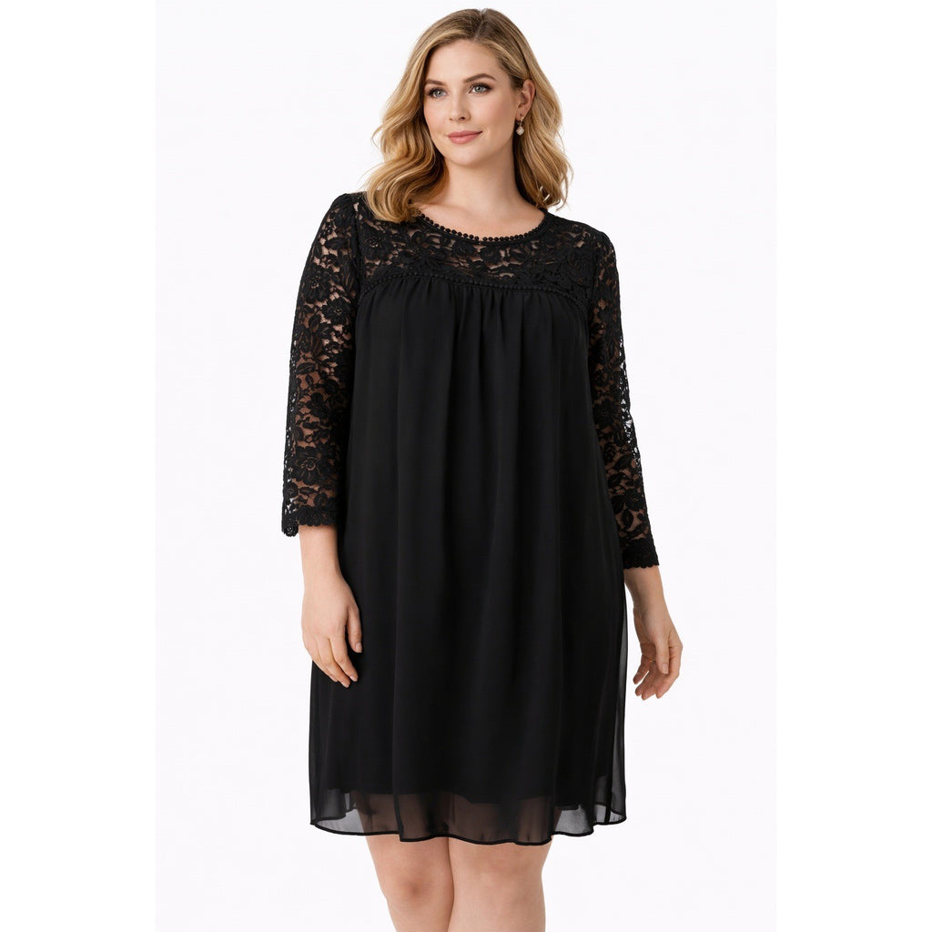 AUW Black Lace Chiffon Overlay Shift Dress Sheer Sleeve Size 10 Feminine LBD