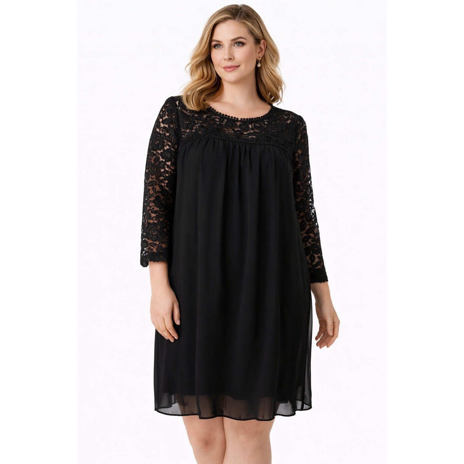 AUW Black Lace Chiffon Overlay Shift Dress Sheer Sleeve Size 10 Feminine LBD