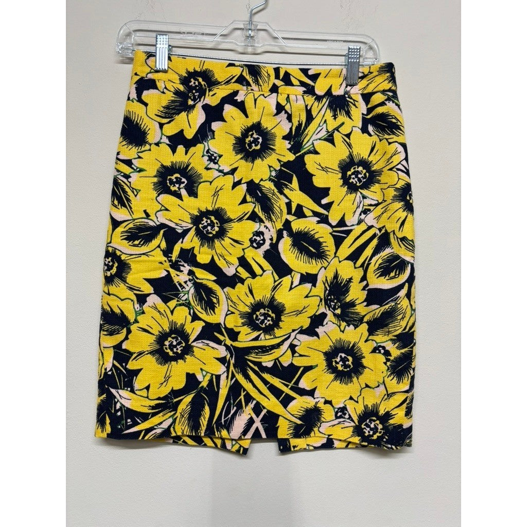 J. Crew Pencil Skirt Size 0 Yellow Floral Cotton Lined Career Workwear Teacher