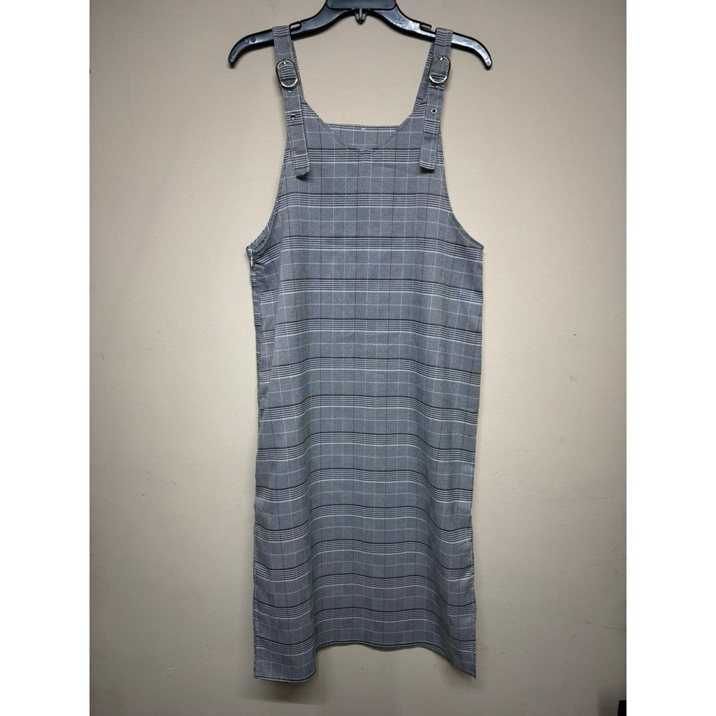 Plaid Pinafore Overall Dress Women's Medium Gray Check Adjustable Straps Teacher