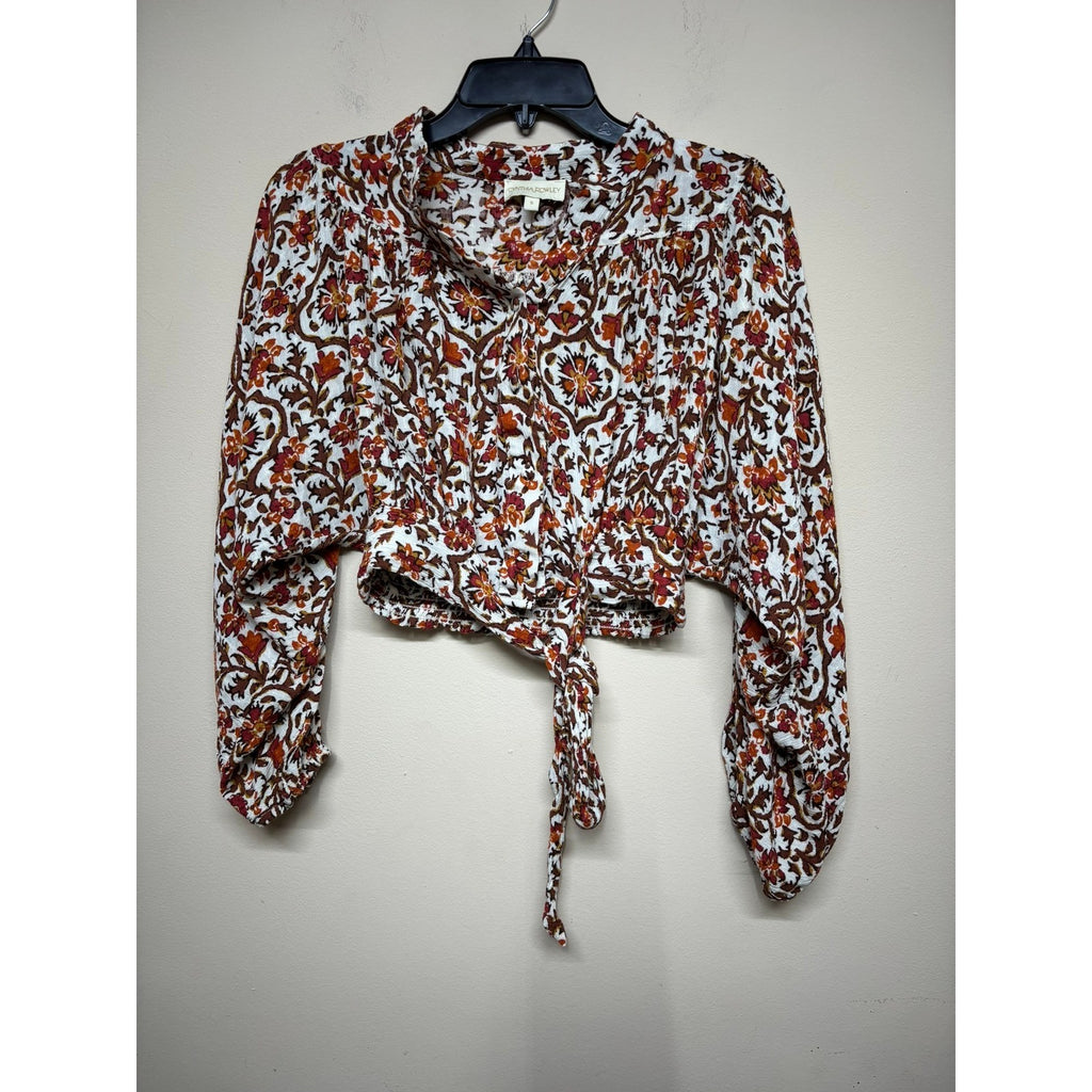 Cynthia Rowley Boho Floral Crop Top Small Tie Front Long Sleeve Peasant Blouse