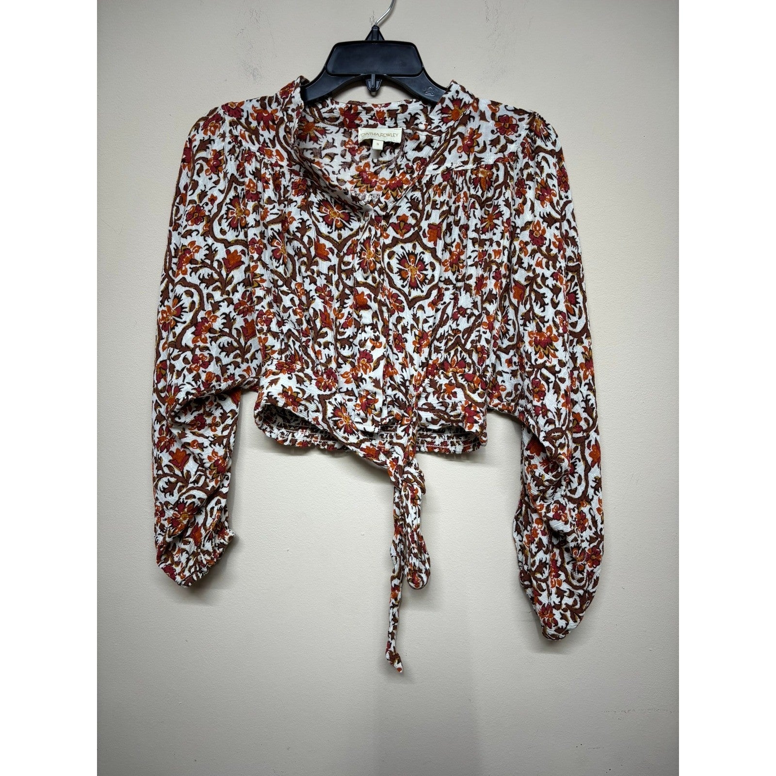 Cynthia Rowley Boho Floral Crop Top Small Tie Front Long Sleeve Peasant Blouse