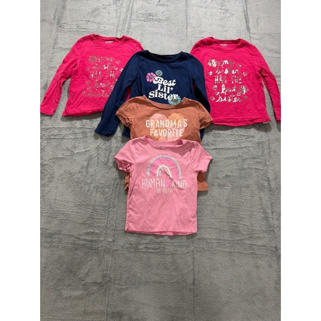 Girl 5T Graphic Tee Lot 5pc Old Navy Carters OshKosh Sister Grandma Rainbow Pink