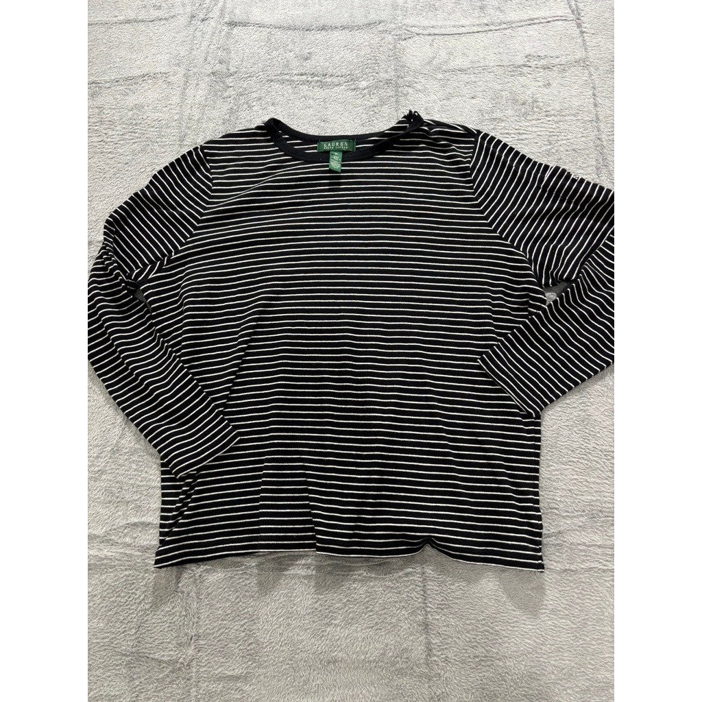 Lauren Ralph Lauren Striped Top Womens 1X Black White Long Sleeve Casual