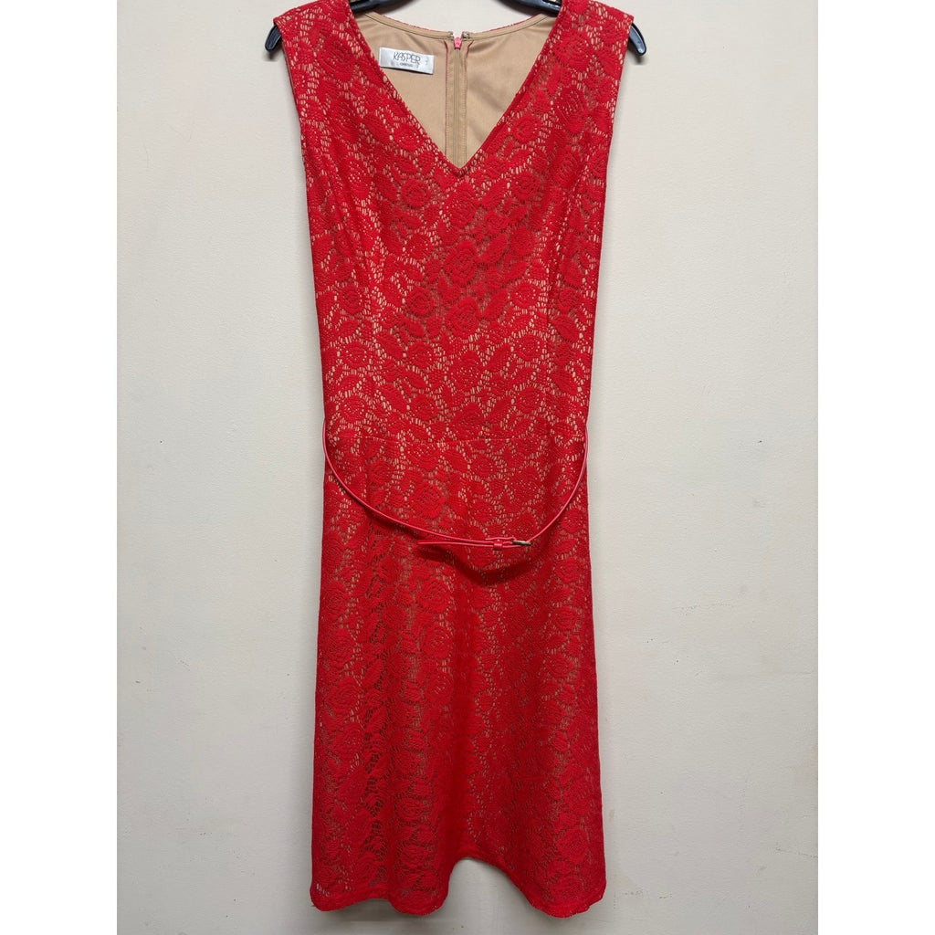 Kasper Red Lace Sheath Dress Est Women's Medium Cocktail Formal Belted Classic