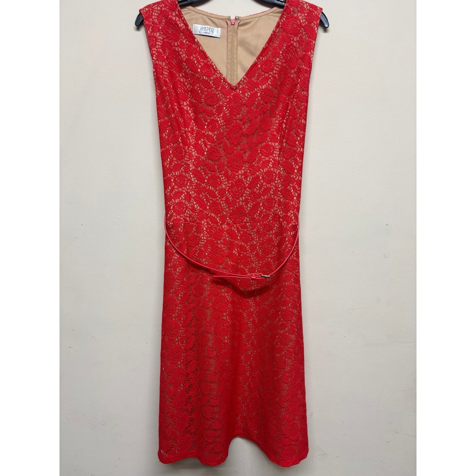Kasper Red Lace Sheath Dress Est Women's Medium Cocktail Formal Belted Classic