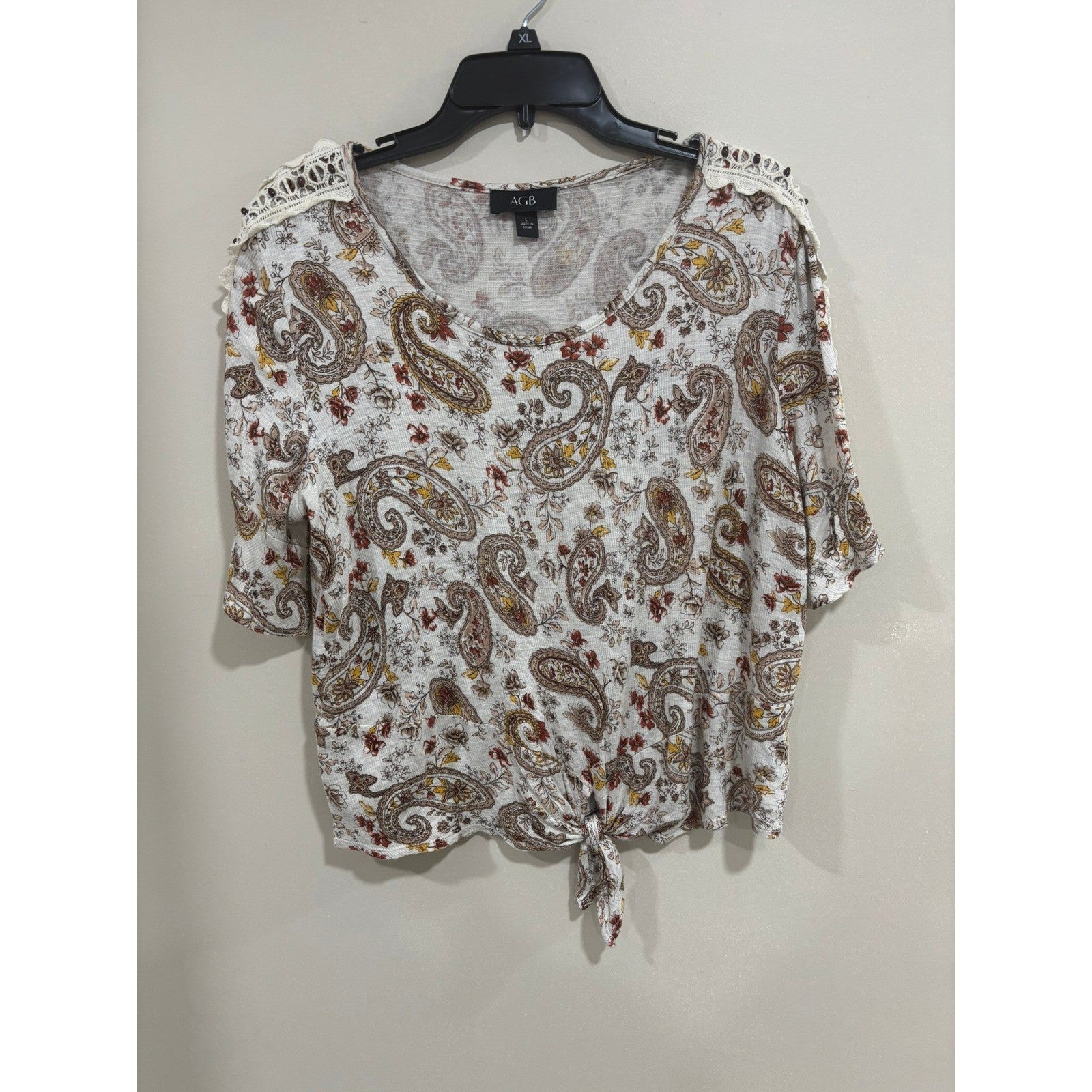 AGB Paisley Boho Top L Crochet Shoulder Tie Front Cottagecore Peasant Blouse