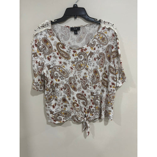 AGB Paisley Boho Top L Crochet Shoulder Tie Front Cottagecore Peasant Blouse